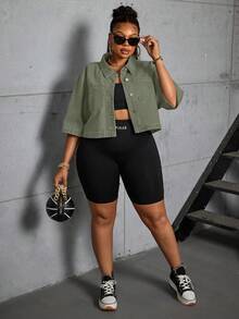 Slaydiva Plus Size Women Denim Jacket, Short, Non-Stretch, Sexy - Army Green - View 5
