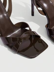 CUCCOO SZL Dark Brown Patent Leather Cross-Strapped Square Sandals, Commuter Dating Heels Summer Shoes - coffee color - View 5
