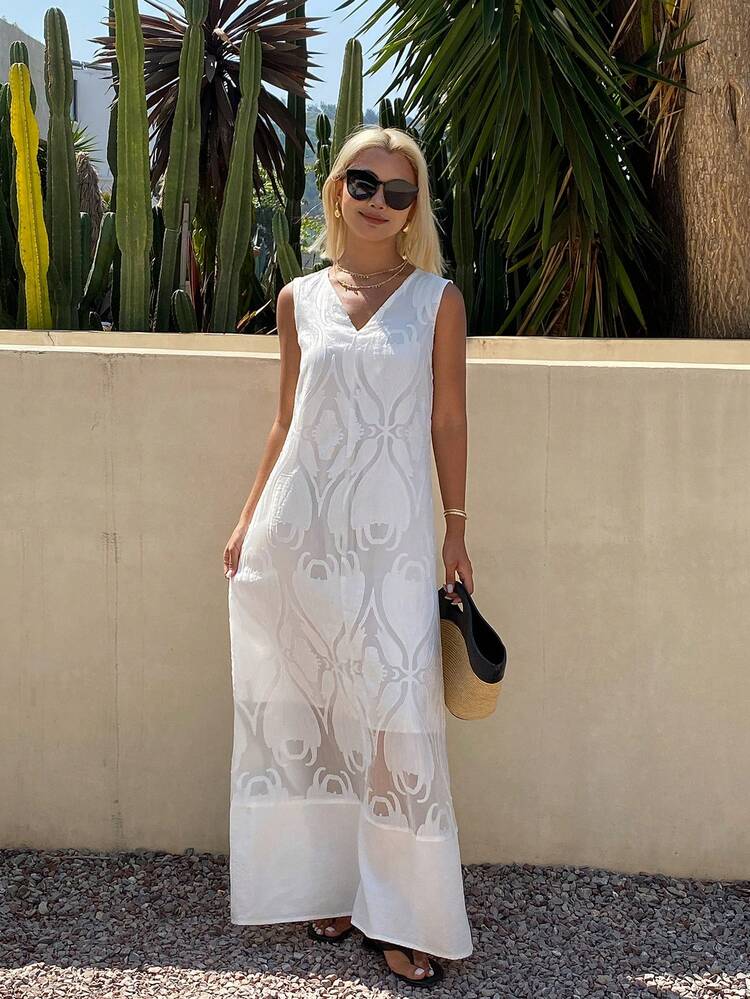 Women's Lace Texture Loose Sleeveless Casual Lightweight Commute Elegant Long Dress, Suitable For Spring And Summer