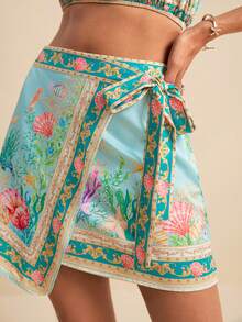 LOTSLUV Women's Spring/Summer Vacation Green Ocean Turtle, Seaweed, Conch Placement Print Off-Shoulder Cropped Top And Wrap Midi Skirt 2-Piece Set, 2 Piece Set, Beach Outfits For Women, Vacation Outfit, Summer Outfits, Tropical Print Set, Puerto Rico Vacation Outfits 2 Piece, Festival Outfits Women Two Piece, Beach Sunbathing Outfit - Blue - View 5