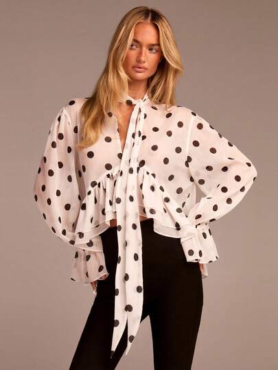 COSMINA Women's Elegant Long Sleeve Tie-Waist Ruffle Polka Dot Blouse, Versatile For Commuting, Office, Outing, Romantic Wedding Guest, Spring/Summer