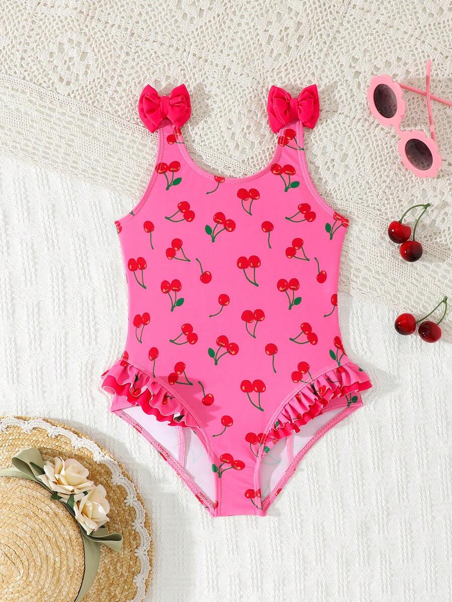 SHEIN Vintaside Kids 少女一件式泳衣 粉色櫻桃印花 蝴蝶結荷葉邊設計 高彈透氣 夏季海灘度假泳裝 - 玫紅色 - 查看 1