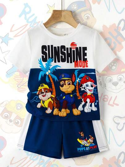 SHEIN | PAW Patrol Bộ 2 món cho bé trai, gồm áo thun ngắn tay cổ tròn và quần short in hình hoạt hình phối màu tương phản, kiểu dáng thường ngày.