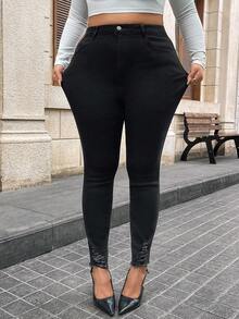 Quần Jeans Denim Thường Ngày Túi Nút Phía Trước Trơn Cỡ Lớn - màu đen - Xem 6