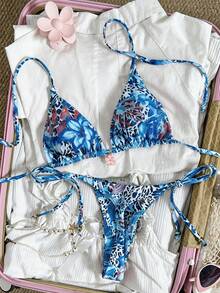 Swim Mod Women's Random Floral Print Halter Metal Jewelry Bikini Set, Spring/Summer Bikinis Set For Women Push Up Swimwear Elegant - Multicolor - View 2