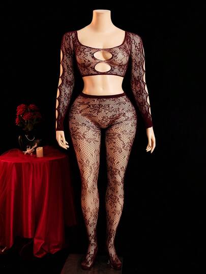 大码女式蕾丝拼接上衣和打底裤性感网纱内衣套装