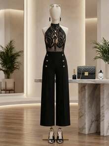 Ellevyn 大码优雅通勤蕾丝吊带上衣和裤子两件套，夏季 - 黑色 - 查看 5