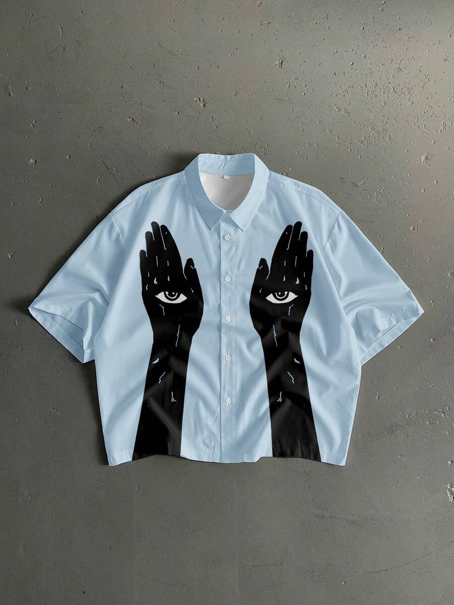 StoneGrade Áo sơ mi nam tay ngắn in họa tiết toàn thân, cài cúc phía trước, kiểu dáng thường ngày, thích hợp cho mùa hè. - Màu xanh nhạt - Xem 1