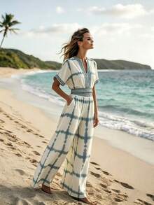 SHEIN LUNE Women's Summer Beige Boho Breezy Beach Vacation Holiday Outfits, V-Neck Loose Cropped Top And Wide Leg Pants Set, Urban Chic Elegant Party Wear - Blue - View 3