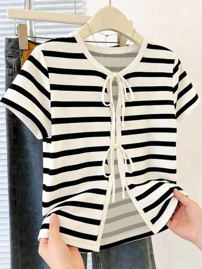 Resyla 女士休闲条纹系带圆领短袖T恤，时尚百搭