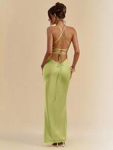 SHEIN BAE 杏色和白色深V领细肩带超长露背系带缎面美人鱼礼服，优雅礼服，度假礼服，伴娘礼服，生日派对礼服，毕业礼服，白色礼服 - 橄欖綠 - 查看 2