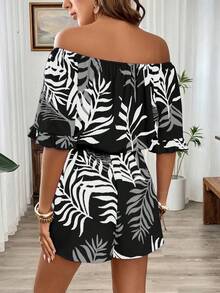 Breezaya Hawaiian Style Boho Ruffled Off Shoulder Romper Holiday Beach Holiday Black And White Floral Summer - Multicolor - View 2