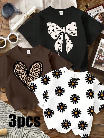 Bộ 3 áo thun ngắn tay cho bé gái, kiểu dáng thường ngày, sáng tạo, tối giản, họa tiết hoa, da báo, trái tim, chấm bi, nơ, chữ cái, màu đen/hồng/tím, thoải mái khi mặc hàng ngày, phù hợp cho mùa xuân/hè.