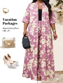 SHEIN Lady Pink Modest Summer Plus Size Dress For Women Floral Print Open Front Cardigan With Matching Wide Leg Trousers - Pink - View 5