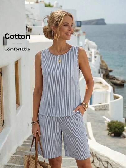 EMERY ROSE Conjunto casual de 2 piezas de top de tirantes de cuello redondo a rayas y shorts para mujer