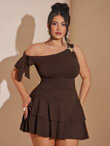 SHEIN BAE 大码女式咖啡棕色不对称肩部时尚上衣和中长裙套装 - 咖啡棕 - 查看 4