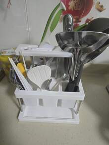 SHEIN 1个多功能刀叉架，节省空间的餐具架，带可拆卸接水盘，厨房水槽台面餐具沥水架，绿白筷子架，刀、勺、叉收纳架，适用于厨房、浴室、餐厅，塑料款 - 彩色 - 查看 13