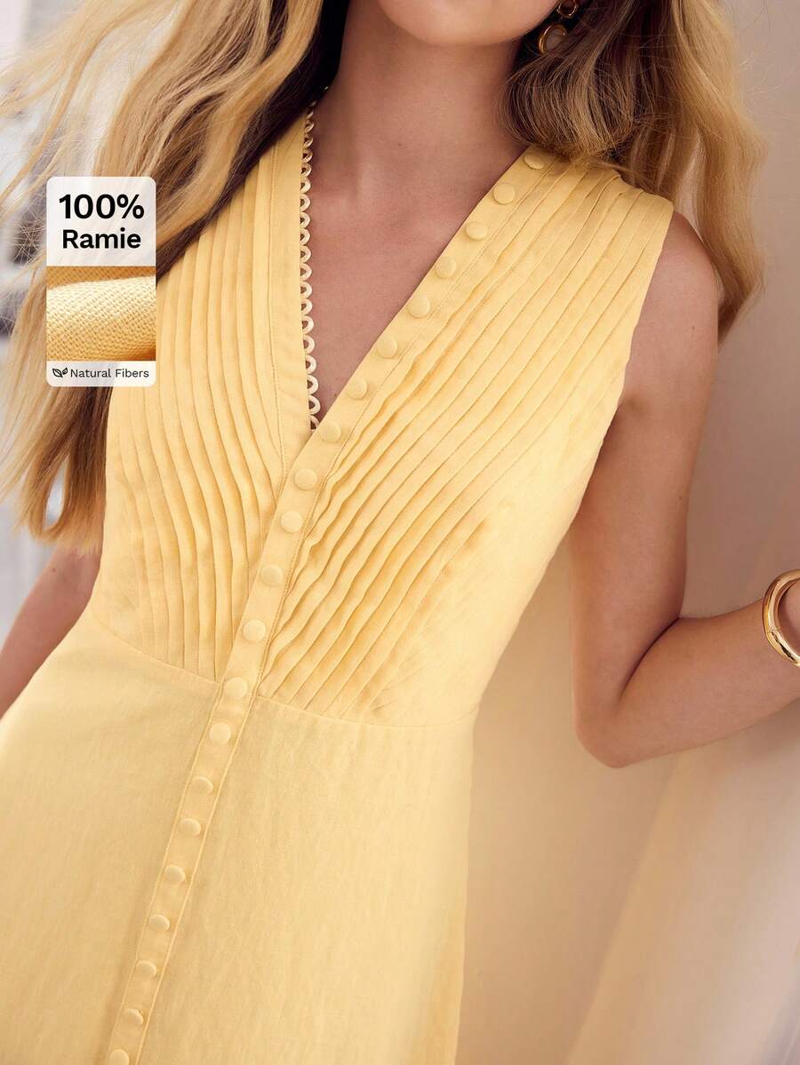 MOTF PREMIUM WOMEN'S 100% LINEN V-NECK SLEEVELESS MID-LENGTH DRESS, SUITABLE FOR DATES AND VACATIONS - Yellow - View 1