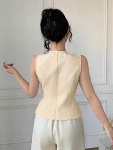 Celisse Áo kiểu nữ mới, thời trang, thanh lịch, không tay, cổ chữ V, thiết kế thêu. - Màu be - Xem 2