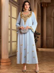 Al Najma 女士花卉亮片装饰圆领长袖优雅阿拉伯风格连衣裙 - 藍色 - 查看 7