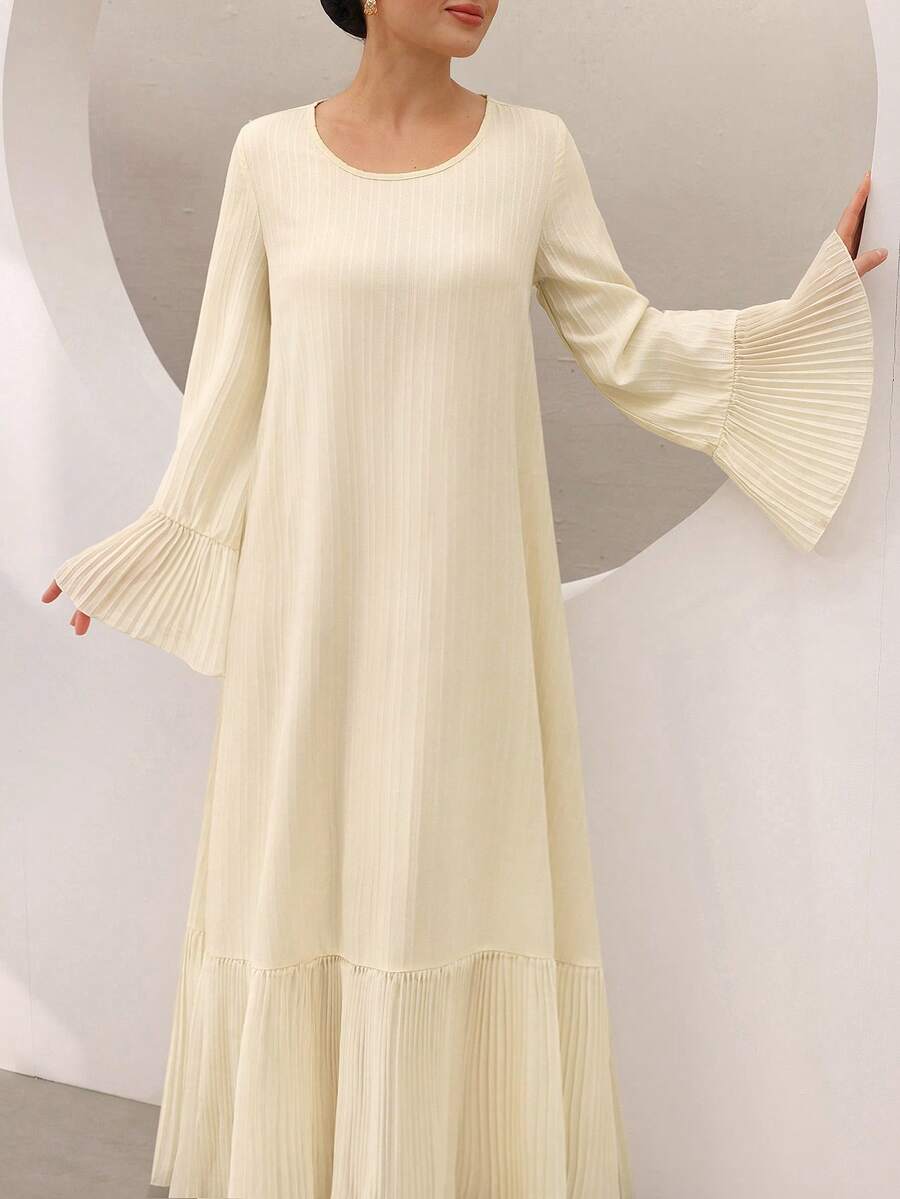 Graceveil 米色休闲纹理褶皱鱼尾宽松优雅连衣裙，适合女性