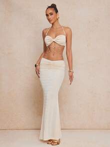Lumalex Robe élégante et sexy pour femmes avec décoration de chaîne au dos, couleur abricot - Nude - Voir 14