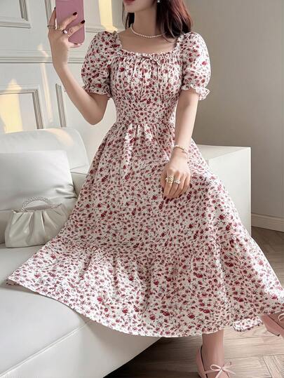 Teen GirlBubble Sleeve Waist Cinched Mini Ditsy Floral Dress, Digital Printing Pleated, Suitable For Vacation & Date, Elegant & Fashionable