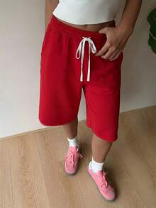 SHEIN EZwear 红色休闲加大码女式短裤 - 紅色 - 查看 5