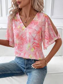SHEIN Clasi 女士V领印花荷叶袖开衩下摆衬衫 - 粉色 - 查看 3