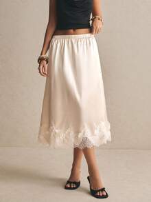 Poéselle 蕾丝拼接松紧腰优雅半身裙，夏季 - 淡黃色 - 查看 7