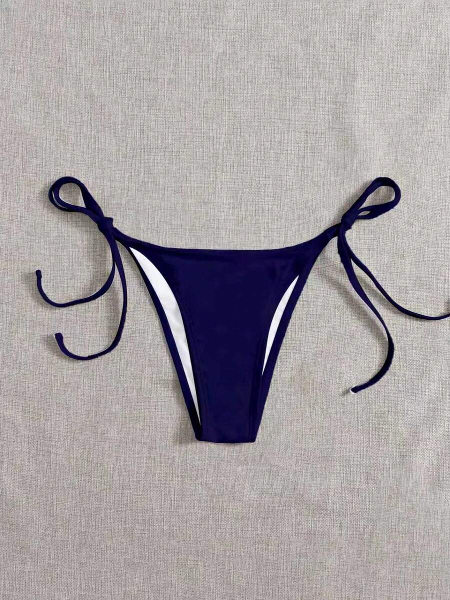 SHEIN Swim 纯色系带泳裤,适合海滩度假,女士泳裤,丁字裤泳衣,女士比基尼,性感塑形泳衣 - 藏蓝色 - 查看 1
