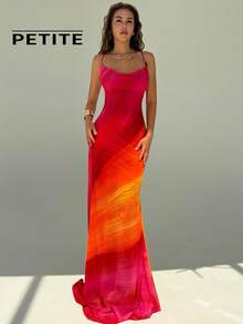 SHEIN Aloruh Petite PETITE Women's Summer New Vacation Style Rainbow Ombre Mesh Floral Print Romantic Tropical Multi-Color Backless Maxi Boho Dress Pink And Orange - Multicolor - View 3