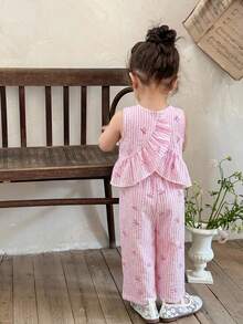 LMoss Kids Bộ đồ cho bé gái gồm áo sơ mi dệt kẻ caro viền bèo nhún và quần ống rộng dệt kim. - Nhiều màu - Xem 2