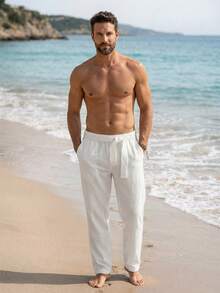 VENTUSAIL 男士亚麻纯色打结休闲度假裤 - 白色 - 查看 8