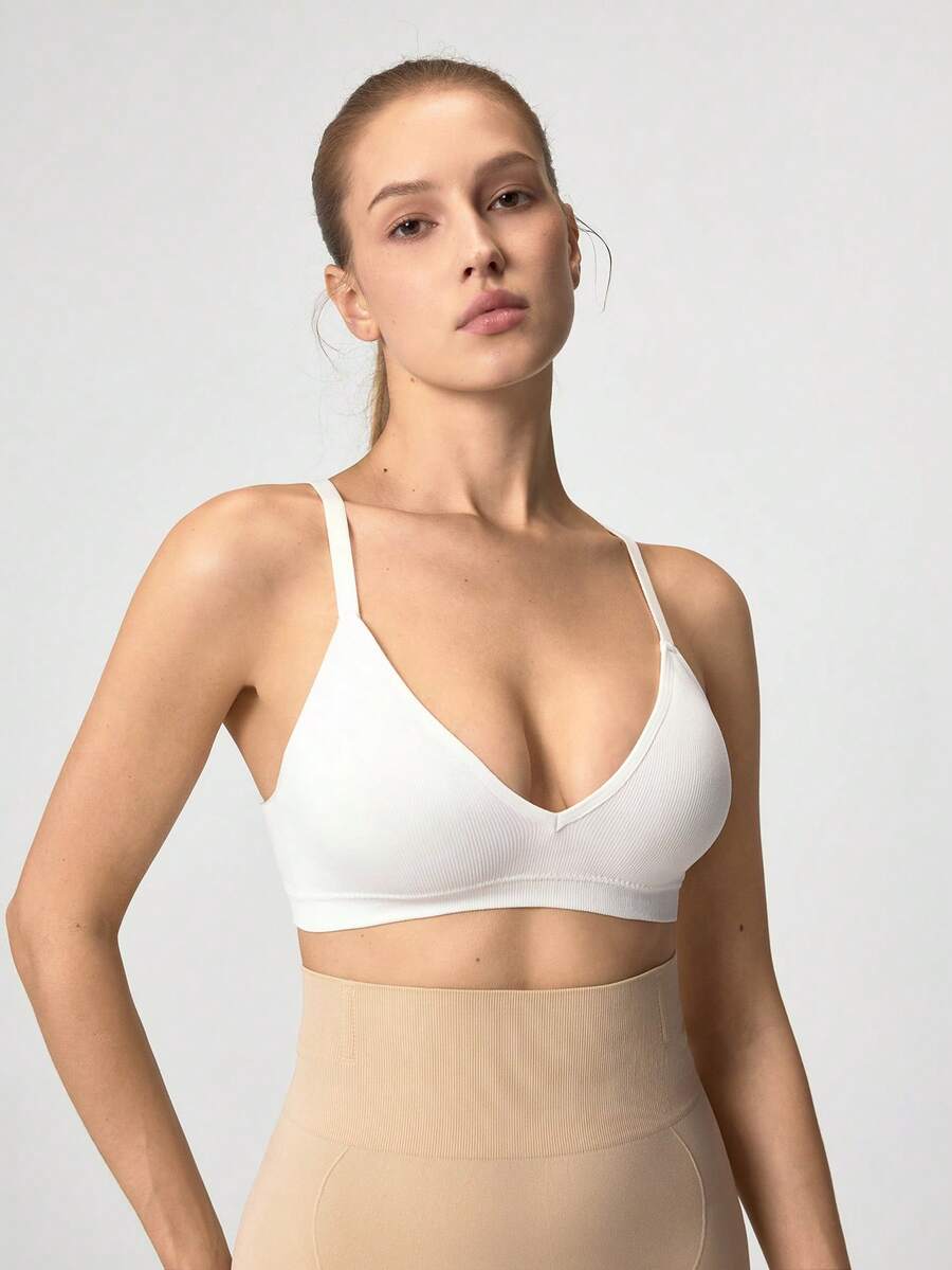 Loungeista 白色女用壓力式Bralette,露背休閒設計,V領Bralette,T恤式Bralette,加墊Bralette,女用Bralettes,白色V領內衣,適合夏季 - 白色 - 查看 1