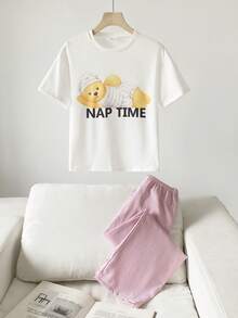 2件套女童可爱小熊印花上衣和粉色条纹裤优雅舒适睡衣 - 白色 - 查看 1