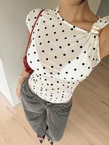 Siren Gaze Women's Summer Black White Polka Dot T-Shirt, Sexy Chic Mesh Metal Buckle Asymmetrical Neckline Short Sleeve Top, Night Out Carnival Party - Apricot - View 5