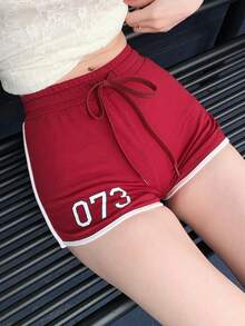 DAZY 女士数字印花抽绳腰褶皱休闲短裤，百搭 - 紅色 - 查看 8