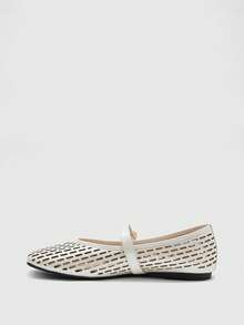 CUCCOO BIZCHIC Spring And Summer Beige Laser Hollow Square Toe Word Belt Comfortable Soft Simple Commuter Women's Flat Shoes - Chantilly - View 7