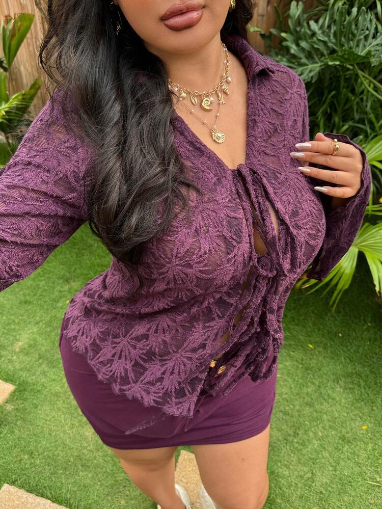 Dazy Plus Plus Size Women's Elegant Lace Hollow Out Blouse With Tie, Flare Sleeve, Commuting Style, Purple, Spring/Summer