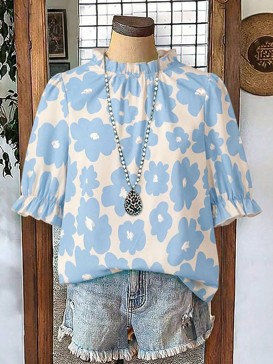 Linhara Plus Size Women's Round Neck Ruffle Puff Sleeve Floral Print Loose Retro Casual Blouse Top, Versatile Summer New Arrival - Baby Blue - View 1