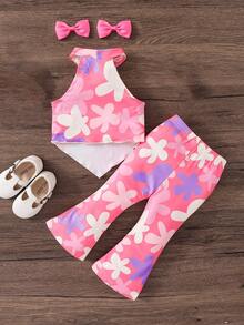 SHEIN Babygirl 2-Piece Set, Fashionable Heart Knit Halter Top And Flare Pants,Kids - Multicolor - View 2