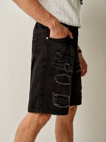 RONVEXI Men's Summer Casual Distressed Denim Shorts Black Jean Shorts Men - Black - View 8