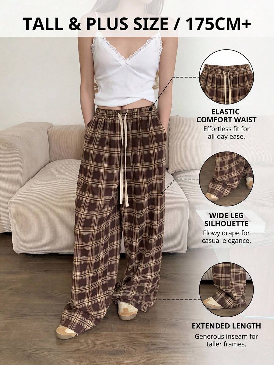 SHEIN Tall CURVE Calça Pantalona Xadrez Plus Size Feminina Alta, Cintura com Cordão, Rosa e Cinza, Outono, Casual Elegante, Uso Diário, Volta às Aulas, Férias Elegantes - Castanho - Visão 1