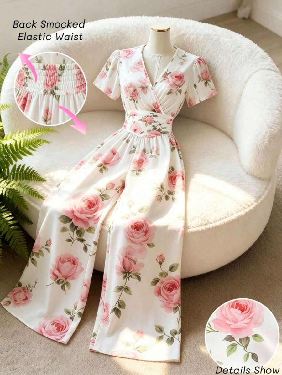 GlowEve 女士褶皱玫瑰印花收腰短袖阔腿连体裤,浪漫显瘦,交叉松紧腰带法式复古度假连衣裙,适合日常、海滩、度假、约会等多种场合,夏季新款阔腿连体裤 - 彩色 - 查看 1