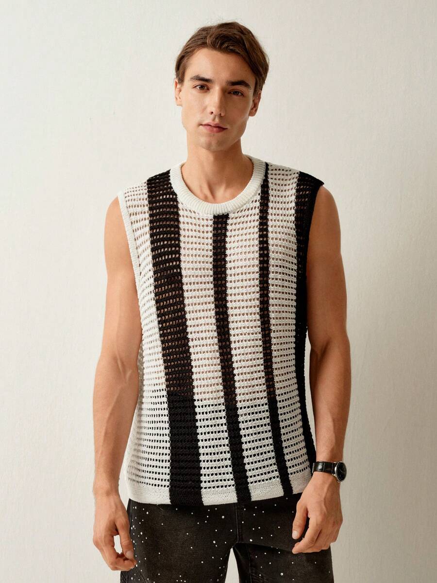 RONVEXI 男士多功能休闲镂空条纹网眼针织背心 - 彩色 - 查看 1