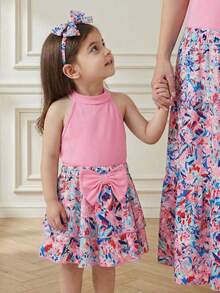 SHEIN Baby Girl Solid Color & Graphic Print Bow Decor Skirt Set - Pink - View 2