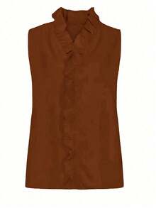EMERY ROSE Women's Casual Sleeveless Frill Trim Blouse For Summer - Coffee Brown - View 5