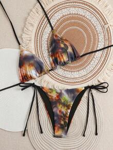 Swim SXY Damen Sexy Strandurlaub zufälliges Muster Trägertop und Bikinihose mit Seitenbindung - Verschiedenfarbig - Übersicht 7