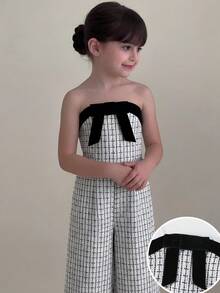 SHEIN Girls' Plaid Jumpsuit With Cute Bow Collar, Suitable For Spring And Autumn - Red and White - View 4